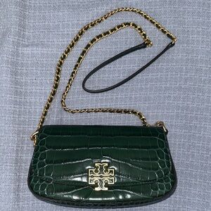 Tory Burch Dark Green Croc-Embossed Crossbody Bag